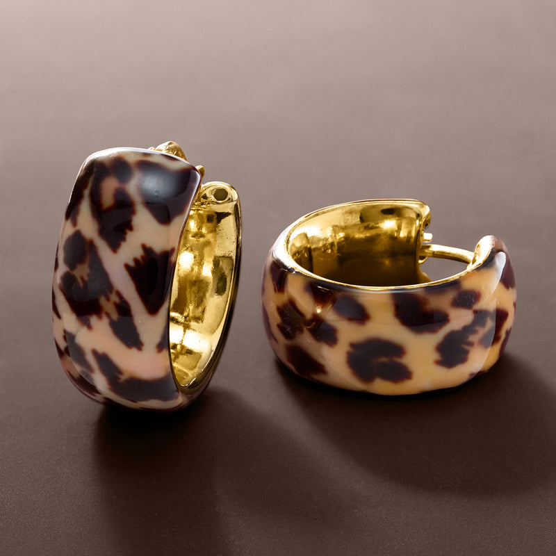 Gold over sterling hoop earrings with leopard enamel panels, wide rounded profile