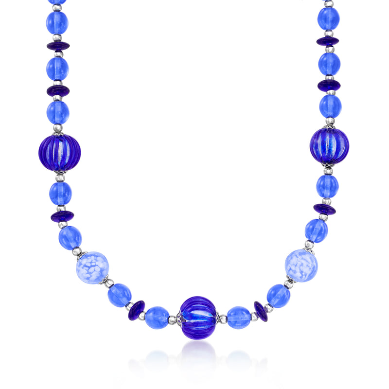 Italian blue Murano glass bead necklace with sterling silver spacer links, round beads