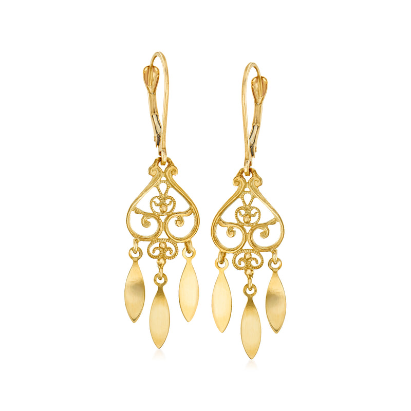 Yellow gold filigree drop earrings with chandelier teardrop charms, leverback
