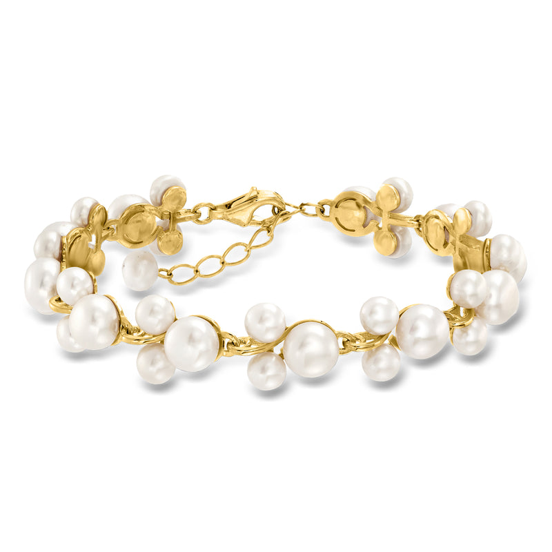 Gold-tone bracelet with round white cultured pearls and chain links, clasp at center.