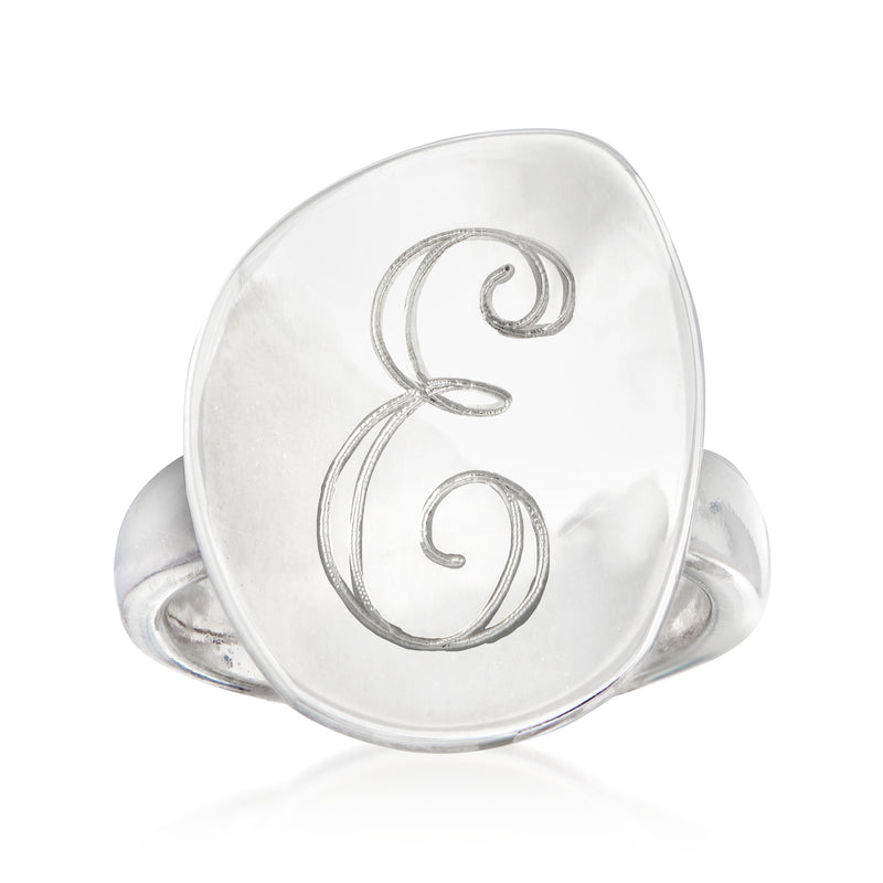 Sterling silver concave disc ring with engraved single initial, slim band