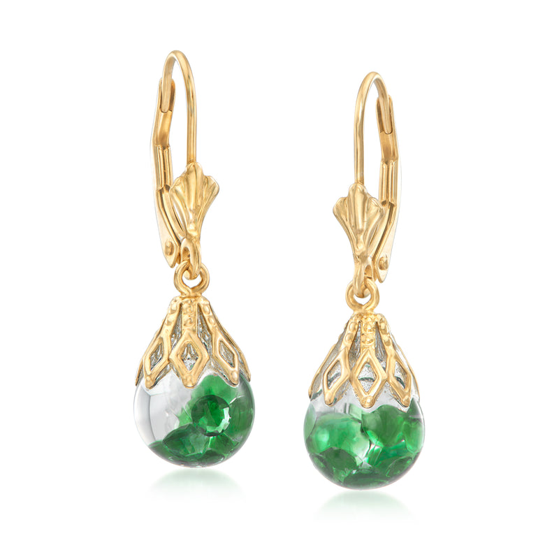 14kt yellow gold emerald drop leverback earrings with green pear-shaped stone