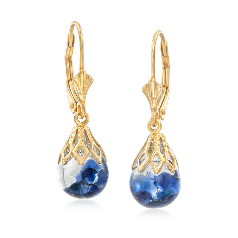 14kt yellow gold sapphire drop earrings with blue teardrop stones, leverback
