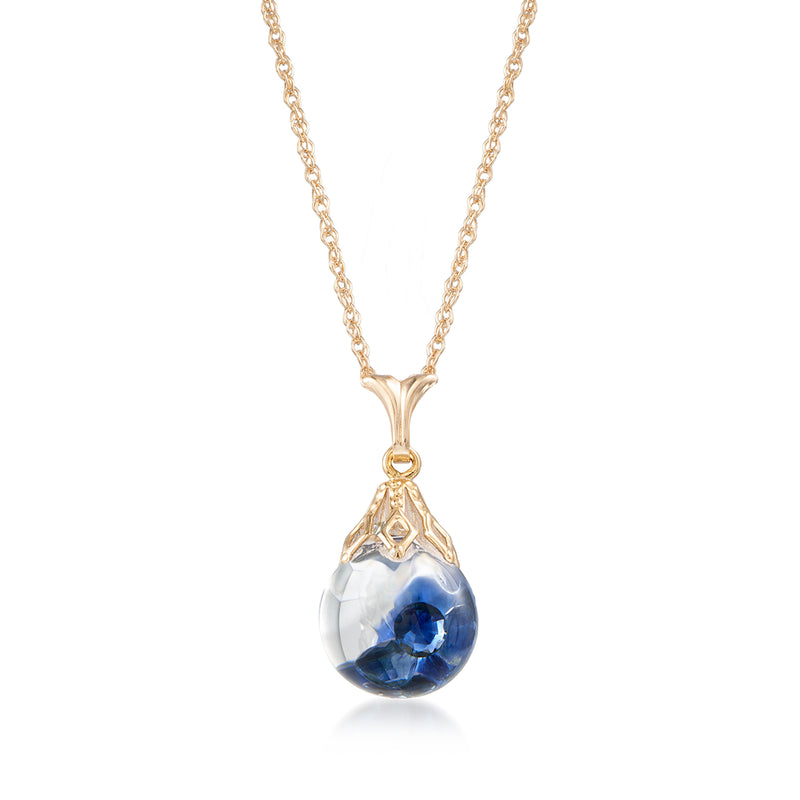 14k yellow gold sapphire teardrop pendant necklace with blue gemstone