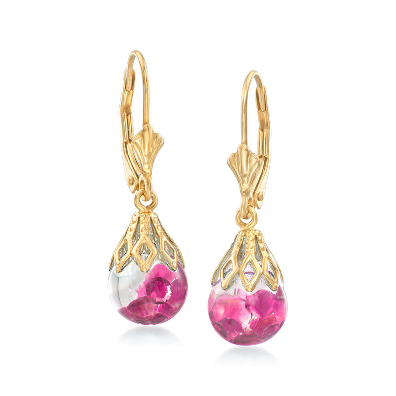 14kt yellow gold leverback ruby drop earrings with teardrop ruby stones