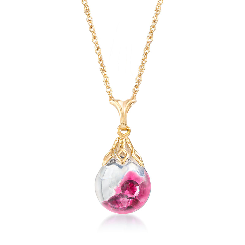 14kt yellow gold floating ruby pendant necklace with teardrop ruby setting