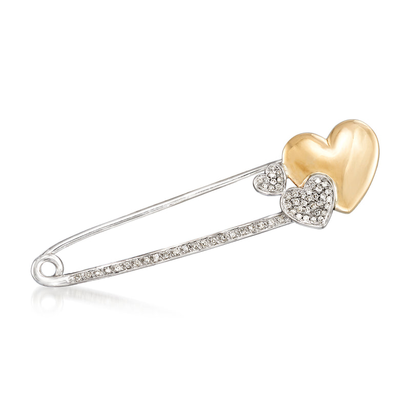 Heart safety pin in sterling silver with yellow gold heart and diamond accents