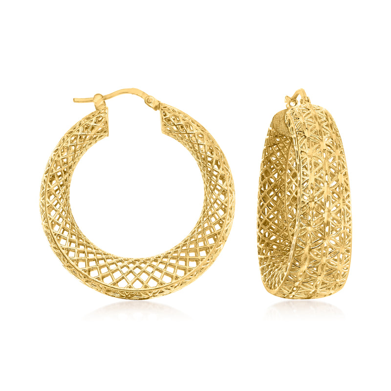 Gold over sterling hoop earrings with openwork lattice, oval drop shape.