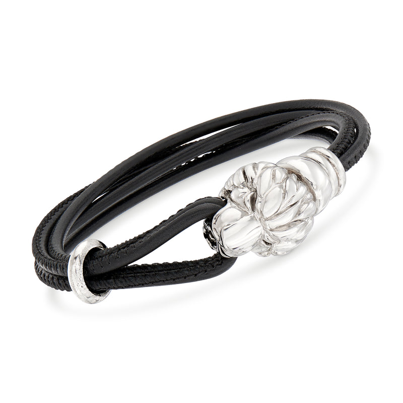 Black leather bracelet with sterling silver lion head clasp