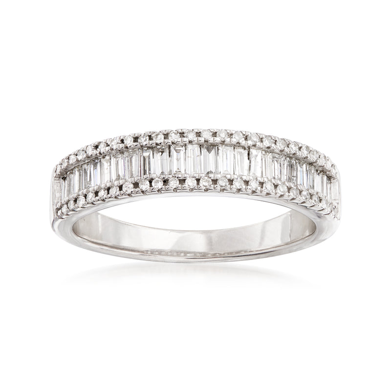 14kt white gold diamond band ring with baguette and round stones, polished finish