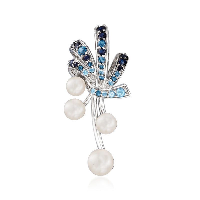 Sterling silver pendant with round cultured pearls and blue gemstones, leaf-and-drop design