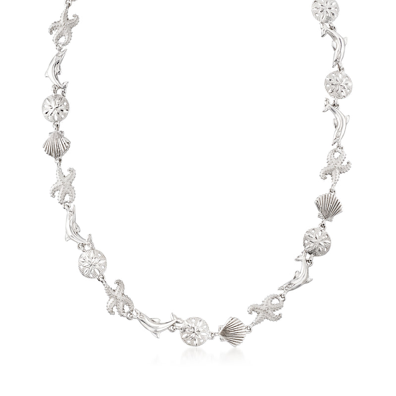 Sterling silver sea life charm link necklace with shell, starfish, and round stones