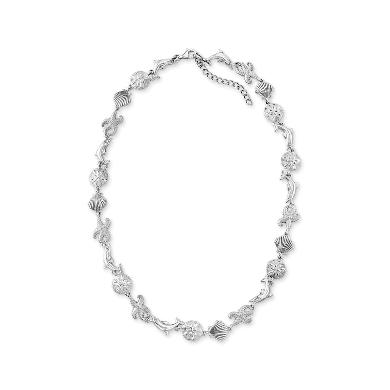 Sterling silver sea life charm link necklace with seashell and starfish motifs and round stones