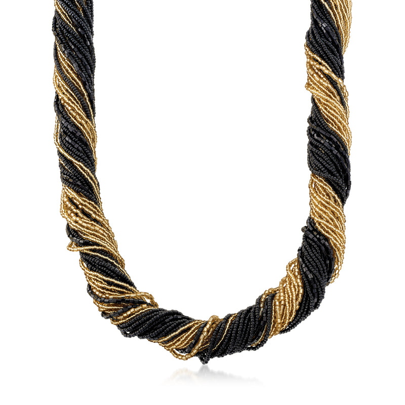 Black and gold Murano glass bead torsade necklace with twisted bead strands