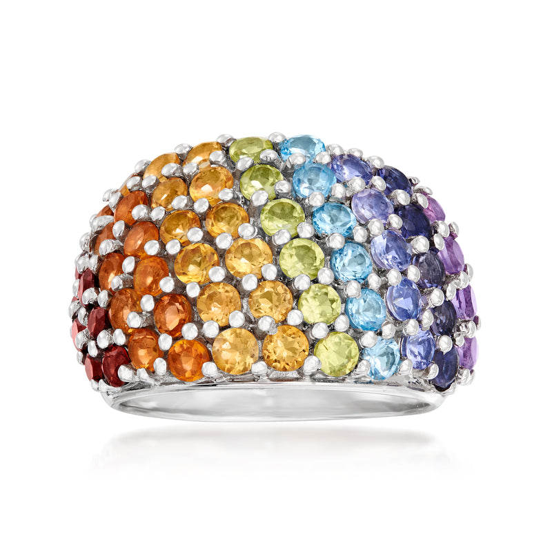 Sterling silver multi-gemstone dome ring with orange, yellow, green, blue, and purple stones