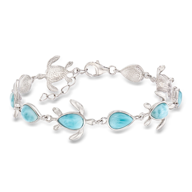 Sterling silver turtle bracelet with blue oval stones and chain charm links