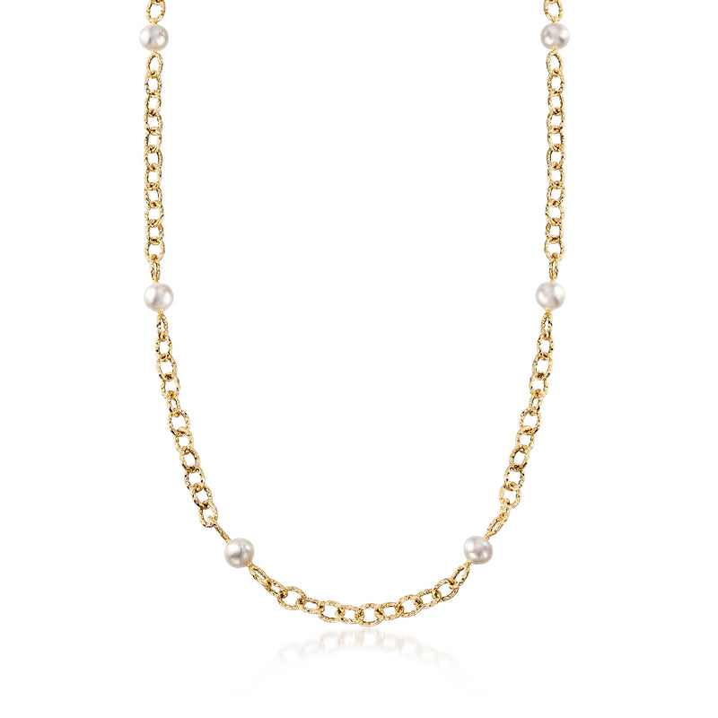 14kt yellow gold station necklace with small round cultured pearls along a chain