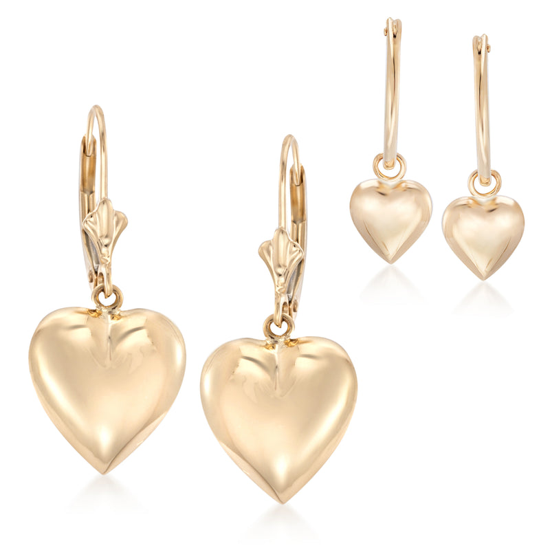14kt yellow gold heart drop earrings, set of 2 with small hoop hooks