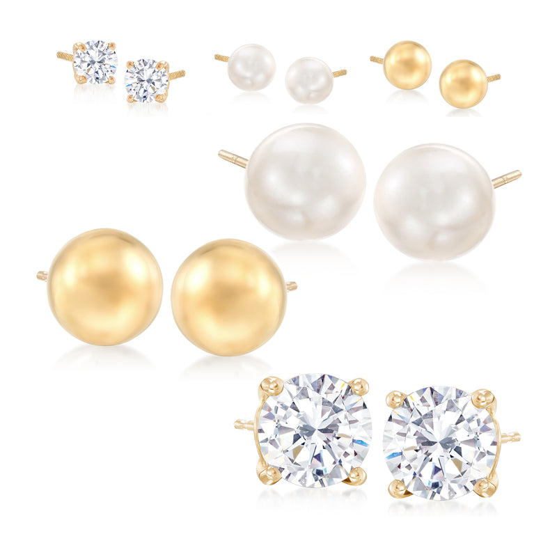Set of stud earrings: cultured pearl and CZ stone pairs in yellow gold-tone