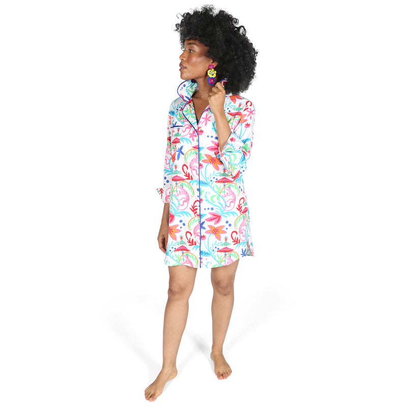 Colorful monkey print satin sleep shirt with button-front collar and long sleeves