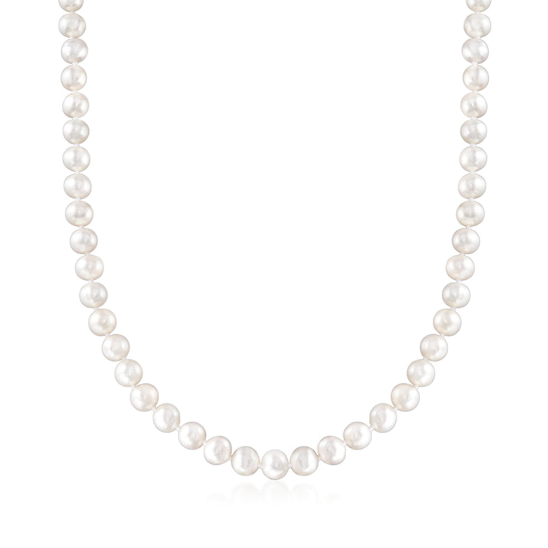 White cultured pearl strand necklace with round pearls, single row.
