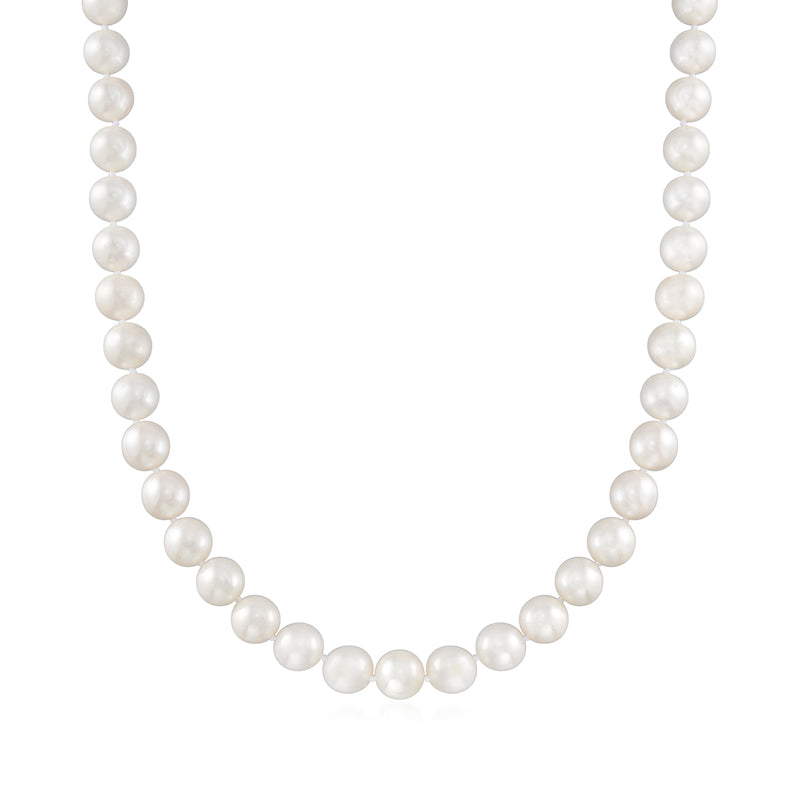 Cultured pearl necklace with round white pearls, 9–10mm, single strand