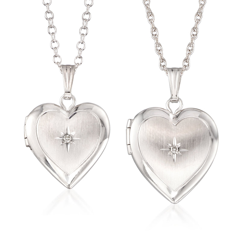 Heart locket necklace set of two in white gold/silver with diamond-accented hearts