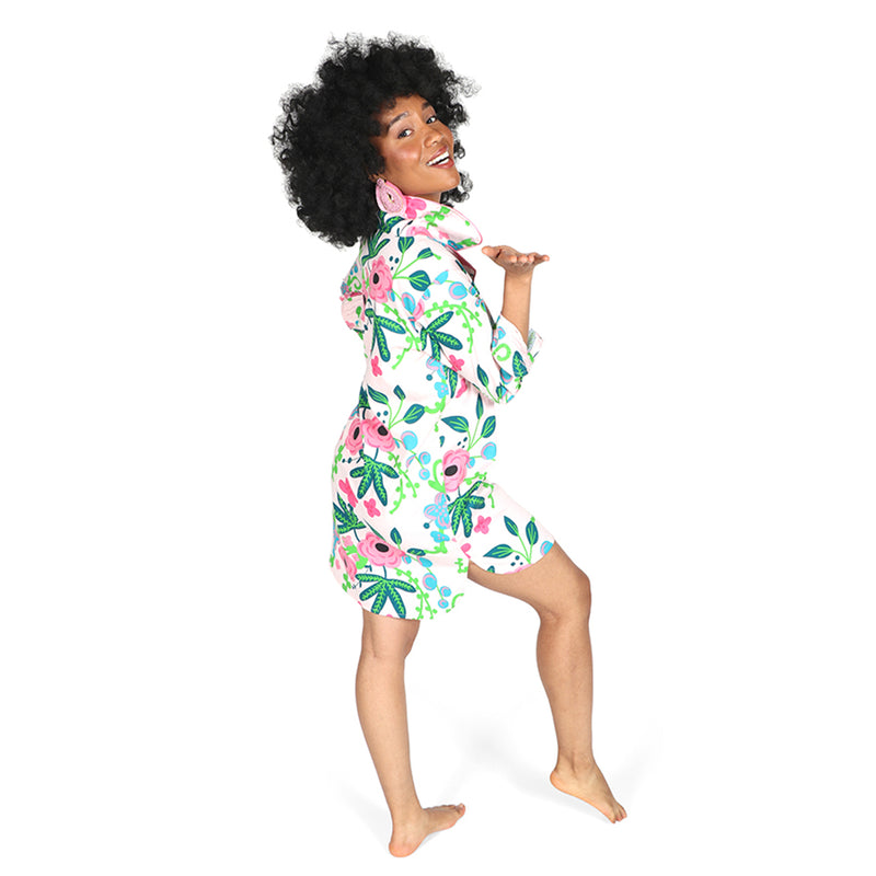 Botanica sateen sleep shirt, long-sleeve button-front with colorful botanical floral print