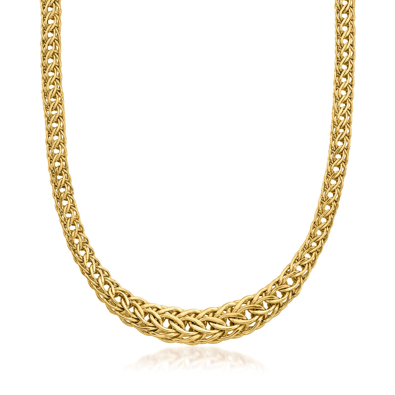 Italian 14kt yellow gold graduated flat wheat-link necklace, chain detail