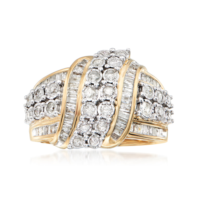 Gold ribbon diamond ring with round cluster and baguette side accents