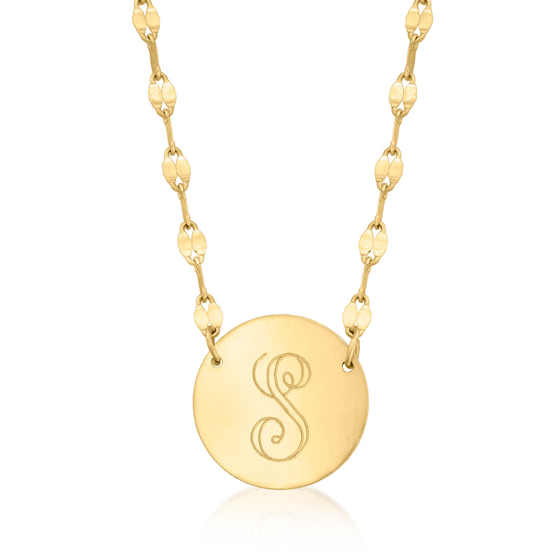 14kt yellow gold mirror-link necklace with round engraved initial pendant