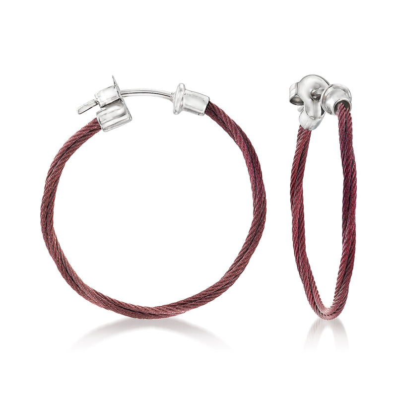 Burgundy cord hoop earrings with silver-toned stainless steel hinged clasp