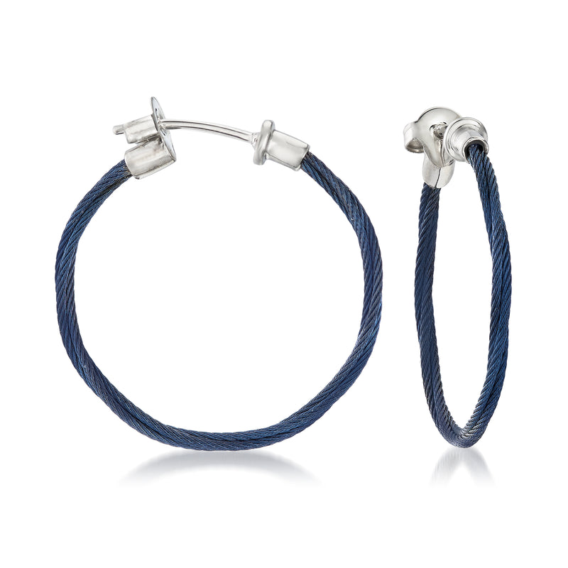 Blue cord-wrapped stainless steel hoop earrings with white gold posts