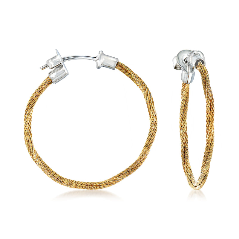 Gold-tone stainless steel cable hoop earrings with white gold posts and clasp