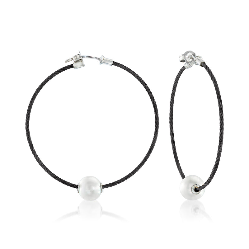 Black stainless steel cable hoop earrings with white cultured pearl and clasp detail