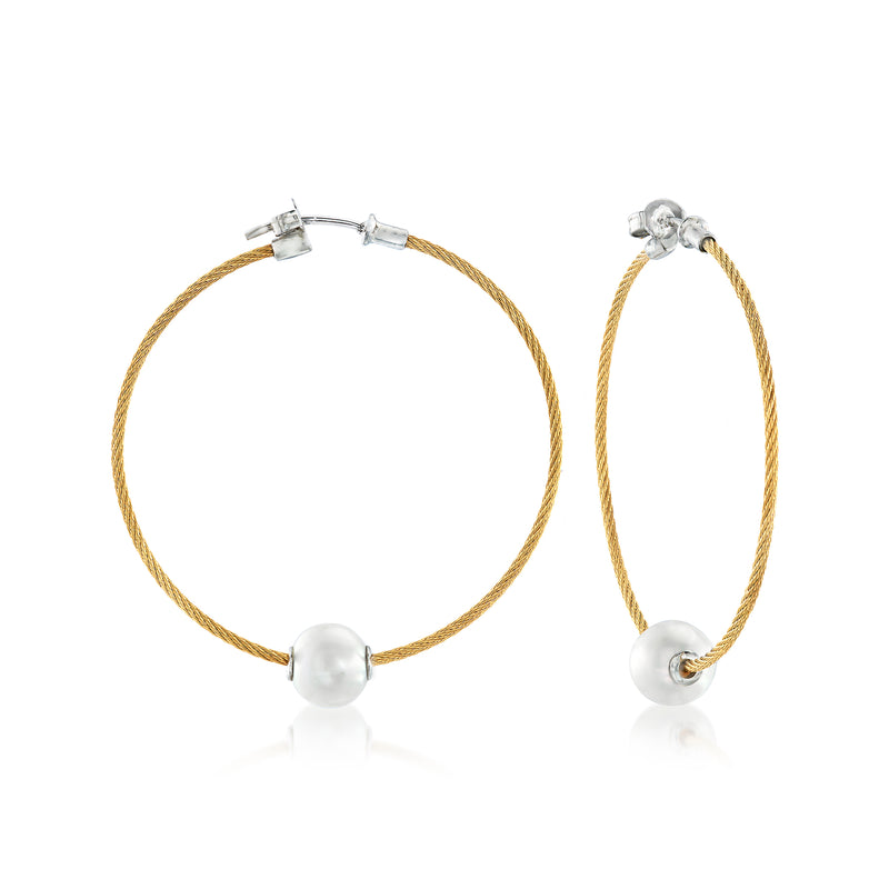 Gold cable hoop earrings with white cultured pearl and white metal clasp