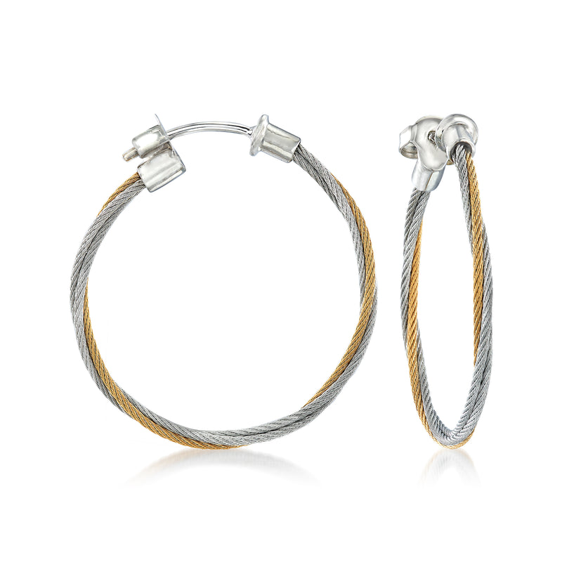 Yellow and gray cable hoop earrings in stainless steel with white gold accents