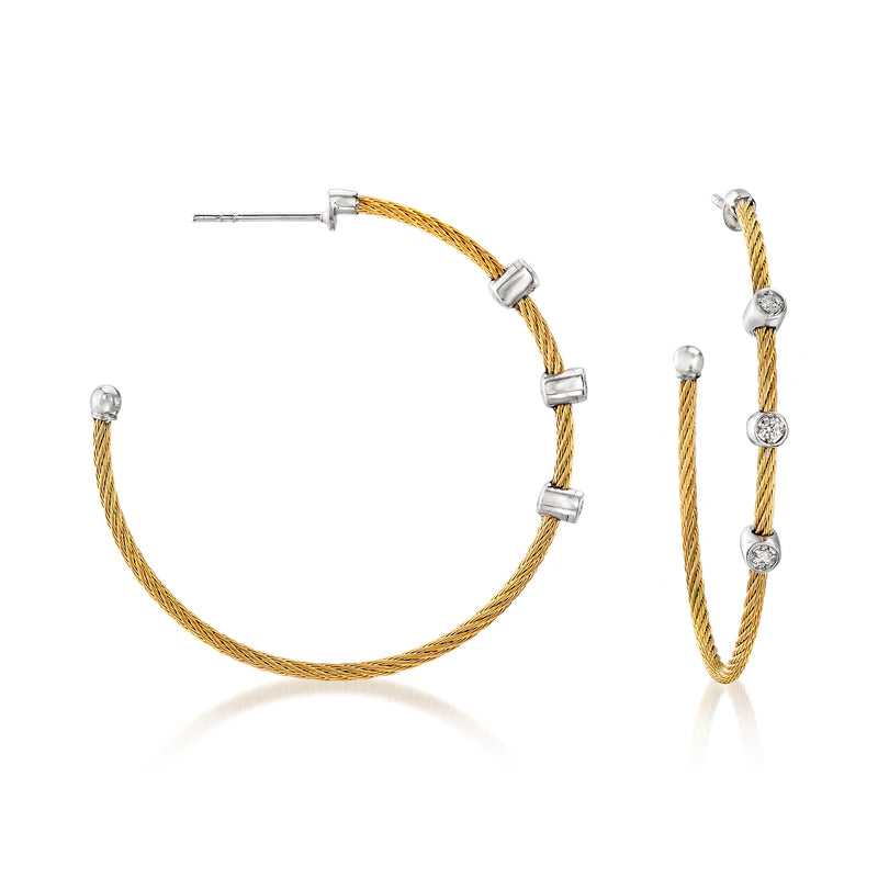 Yellow stainless steel cable hoop earrings with three small diamonds, white gold posts