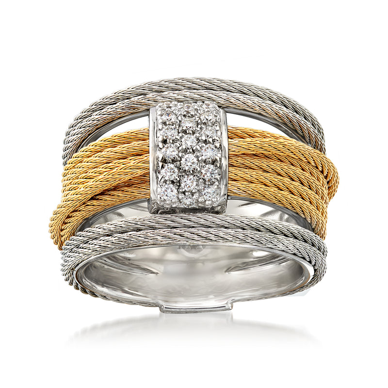 Two-tone braided cable ring with diamond bezel center on white gold band