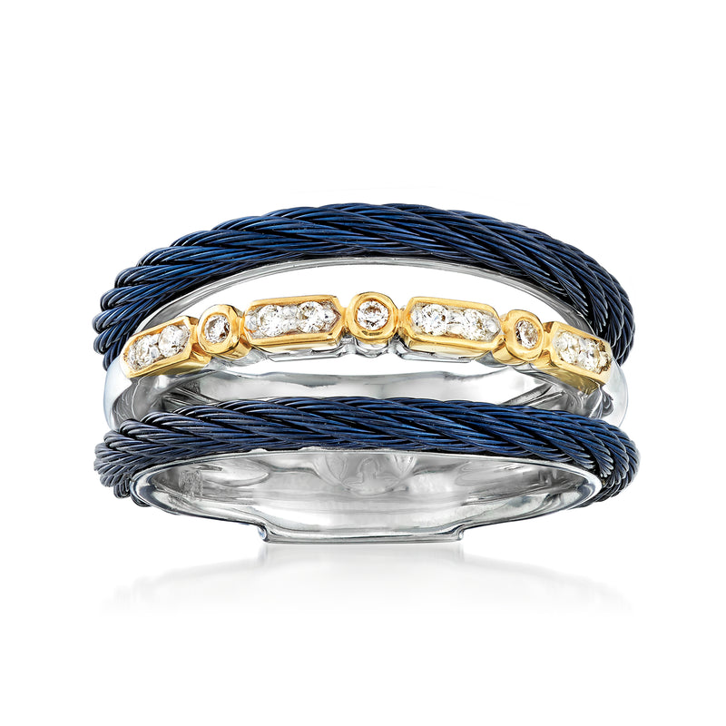 Multi-row stainless steel ring with blue accents, 18kt yellow gold and diamond-like stones