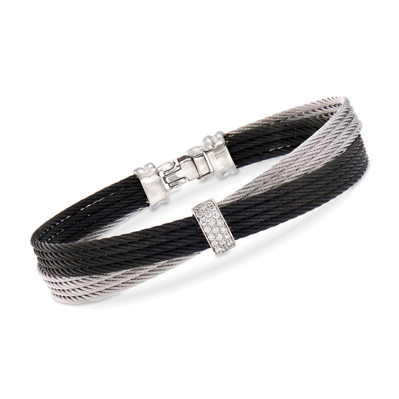 Two-tone diamond bracelet with black braided cord and polished steel links
