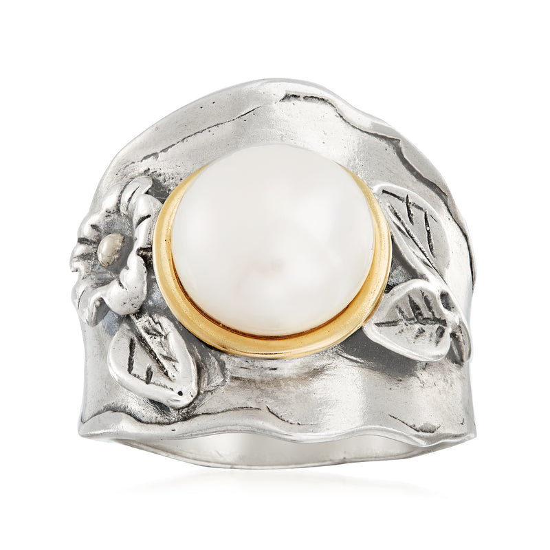 Cultured pearl floral ring with round white pearl, sterling silver band, 14kt yellow gold trim