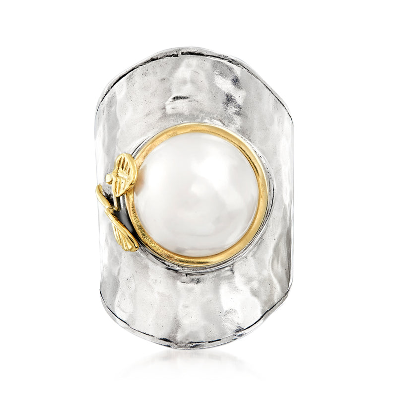 Cultured pearl ring with 11–12mm white pearl, sterling silver band, 14kt yellow gold setting