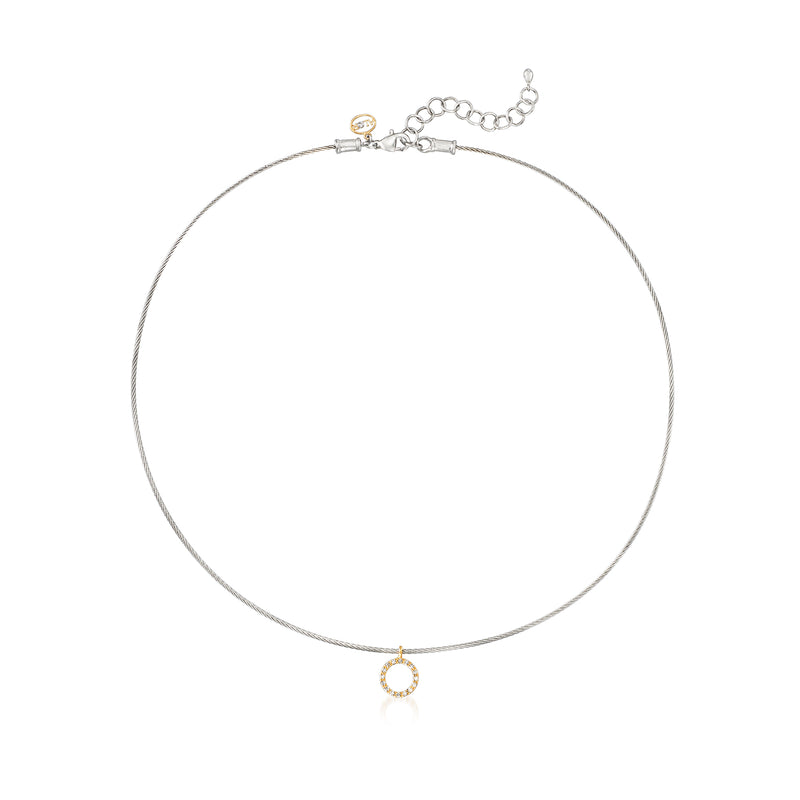 Stainless steel cable necklace with small gold hoop diamond pendant