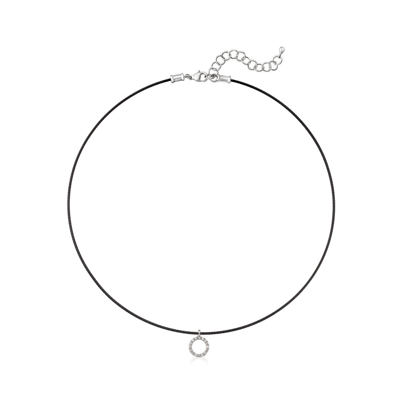 Black cable necklace with small round diamond drop on a white metal clasp chain