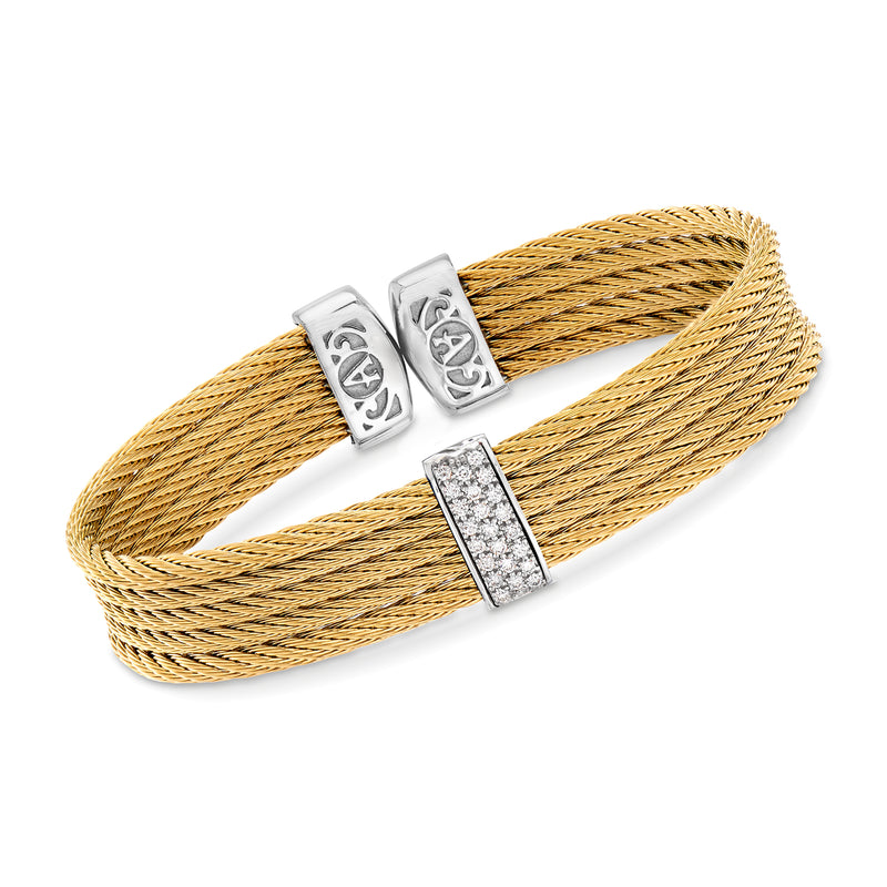 Yellow cable cuff bracelet with white metal center bar and diamond accents