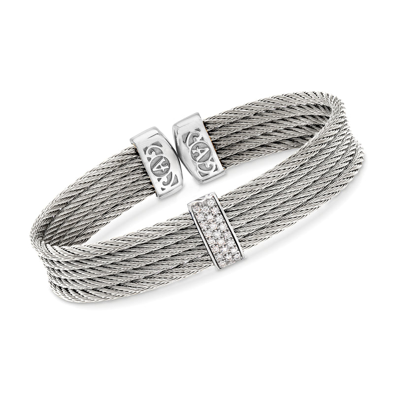 Gray stainless steel cable cuff bracelet with diamond centerpiece and white gold details