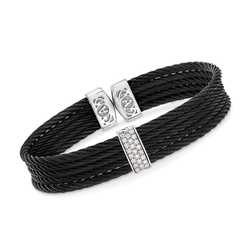 Black stainless steel cable cuff bracelet with diamond-set white gold stations