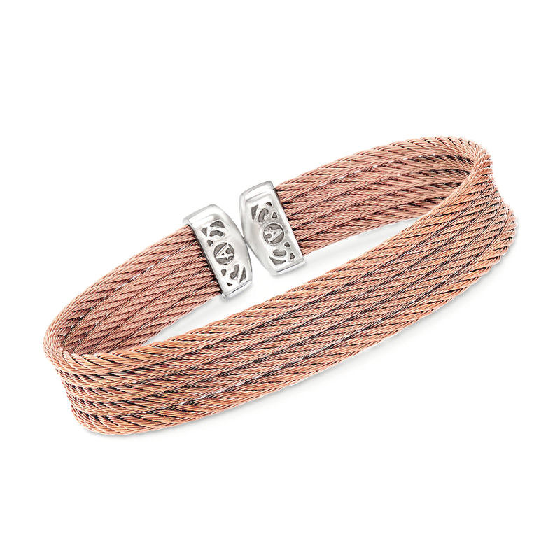 Rose multi-strand stainless steel cable cuff bracelet with rectangular clasp ends