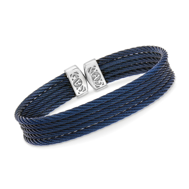ALOR blue stainless steel cable cuff bracelet with engraved double clasp